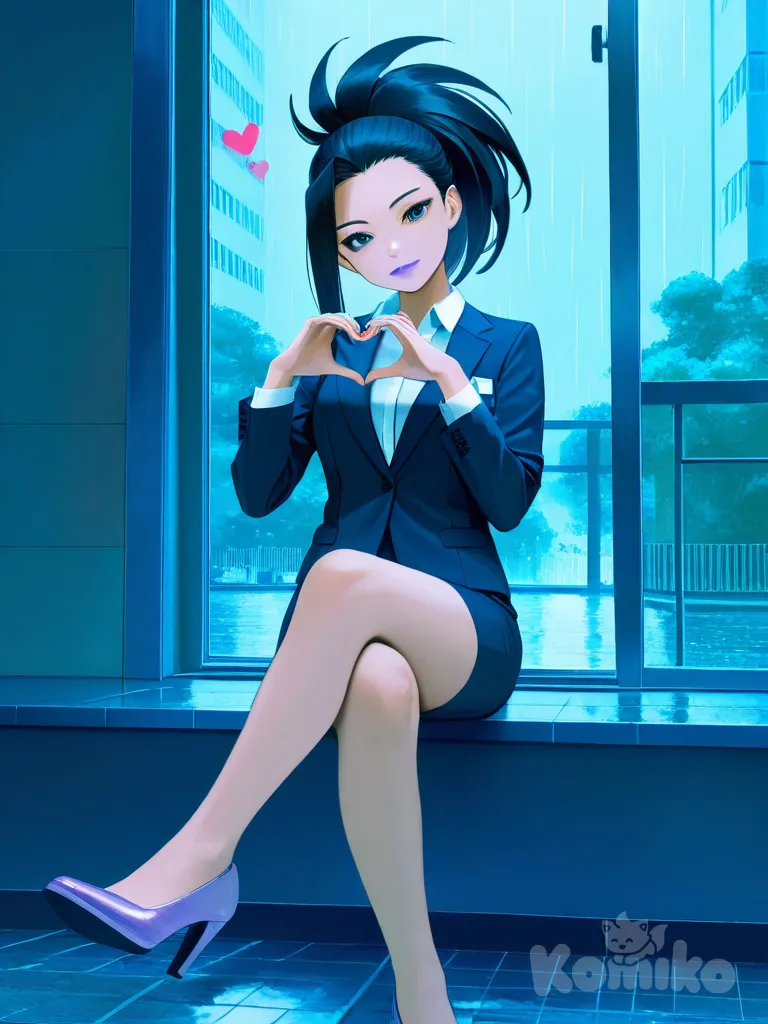 brown skin , light purple lips, dreadlocks, open clevage office lady, light purple high heels , 1girl, full body, rainy, Yaoyorozu Momo, heart hands, head tilt, sitting in a with one leg crossed over the other