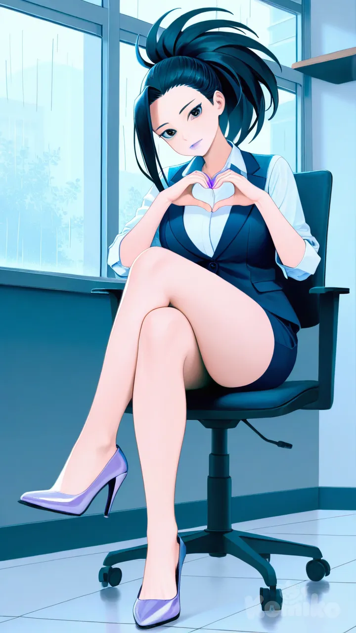 brown skin , light purple lips, dreadlocks, open clevage office lady, light purple high heels , 1girl, full body, rainy, Yaoyorozu Momo, heart hands, head tilt, sitting in a with one leg crossed over the other