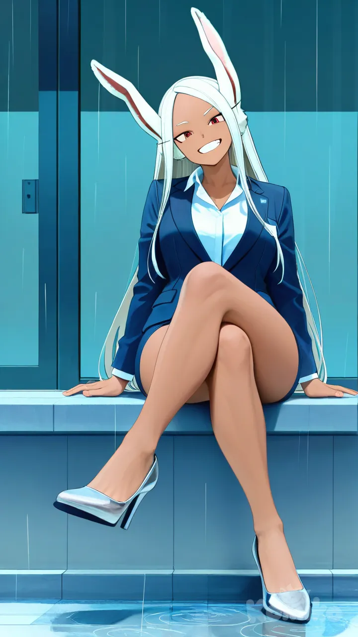 cream color lips, open clevage office lady, light grey high heels , 1girl, full body, rainy, head tilt, sitting in a with one leg crossed over the other, Mirko