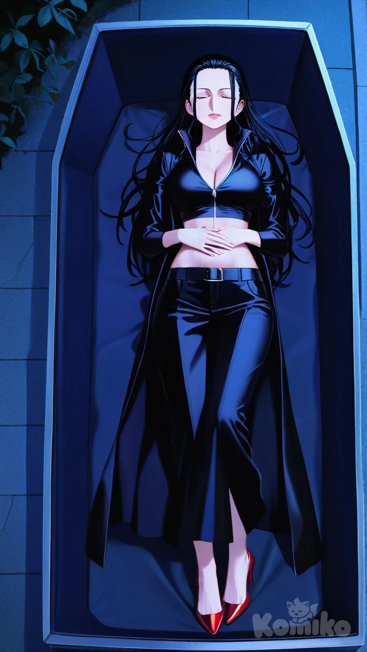 pink lips, hands on own stomach, wearing her default outfit, red peep toe heels, full body, rainy, night, funeral lying in a straight position inside a coffin eyes closed hands clasping her stomach, 2girls, Nico Robin