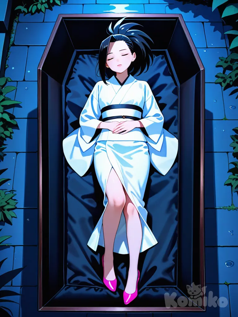 pink lips, hands on own stomach, open clevage white kimono , pink high heels, full body, rainy, night, funeral lying in a straight position inside a coffin eyes closed hands clasping her stomach, 2girls, Yaoyorozu Momo, Jirou Kyouka
