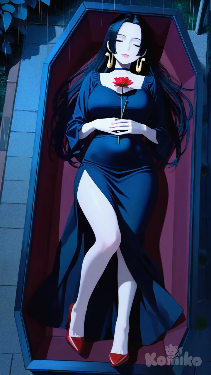 pink lips, hands on own stomach hold a flower, wearing her default outfit, red peep toe heels, full body, rainy, night, funeral lying in a straight position inside a coffin eyes closed hands clasping her stomach, 2girls, Boa Hancock