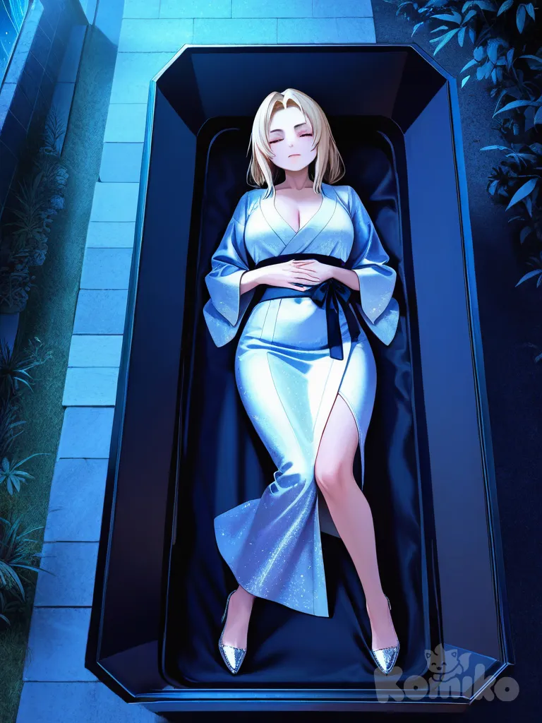 pink lips, hands on own stomach, wearing her silver kimono, silver decorated heels, full body, rainy, night, funeral lying in a straight position inside a coffin eyes closed hands clasping her stomach, lady tsunade