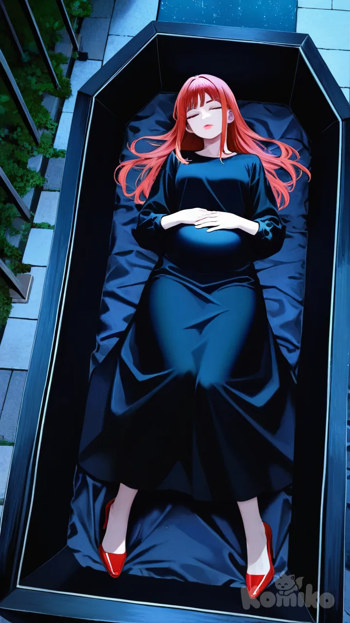 pink lips, hands on own stomach, wearing her black dress, red heels, full body, rainy, night, funeral lying in a straight position inside a coffin eyes closed hands clasping her stomach, Makima (Chainsaw Man)