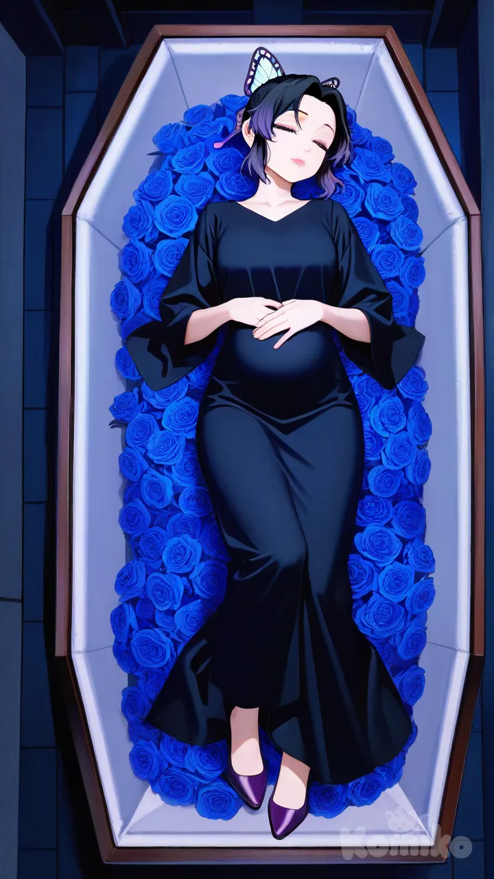 pink lips, hands on own stomach, wearing her black gown, purple heels, full body, rainy, night, funeral lying in a straight position inside a coffin eyes closed hands clasping her stomach, Kochou Shinobu