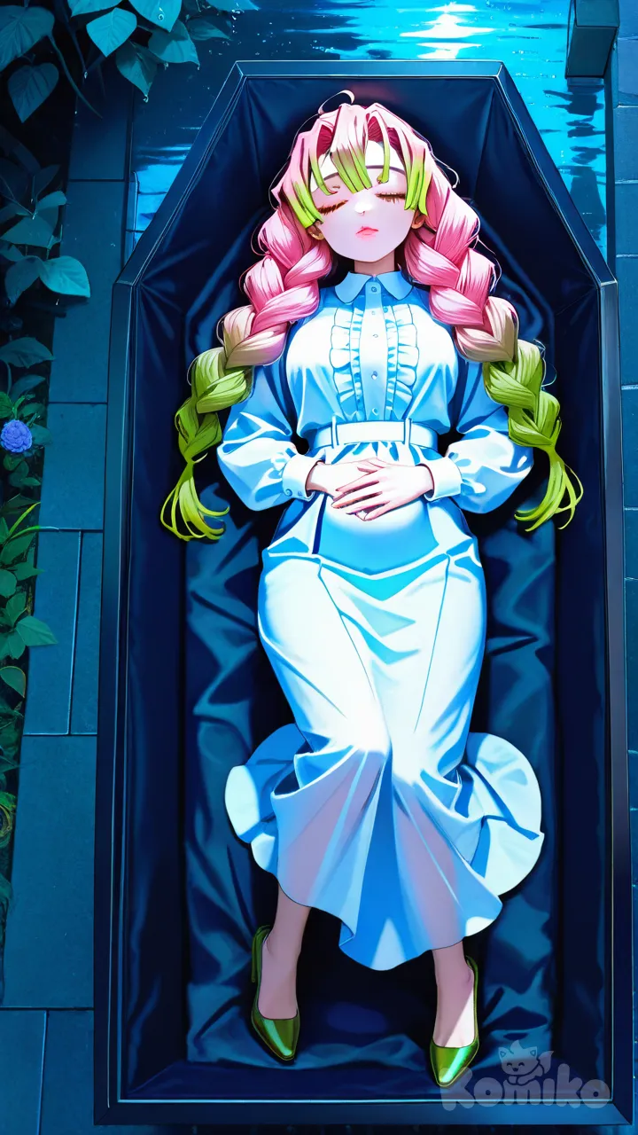pink lips, hands on own stomach, wearing her white dress, green heels, full body, rainy, night, funeral lying in a straight position inside a coffin eyes closed hands clasping her stomach, Kanroji Mitsuri