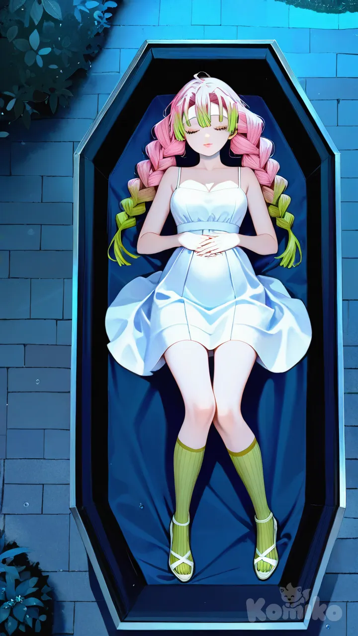 pink lips, hands on own stomach, wearing her white and pinkish dress, green heels, full body, rainy, night, funeral lying in a straight position inside a coffin eyes closed hands clasping her stomach, Kanroji Mitsuri