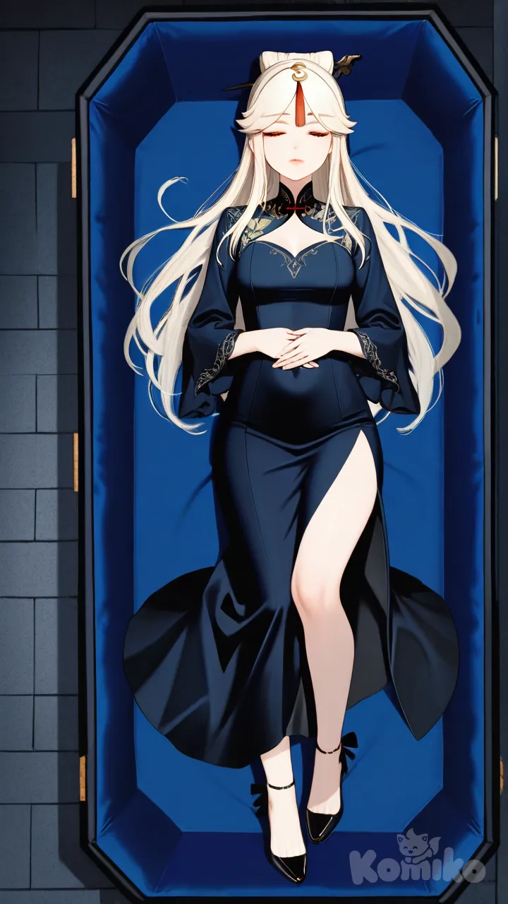 pink lips, hands on own stomach, wearing her default outfit, default heels, full body, rainy, night, funeral lying in a straight position inside a coffin eyes closed hands clasping her stomach, Ningguang (Genshin Impact)