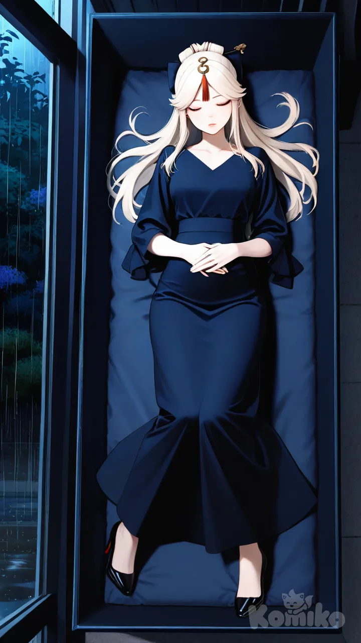 pink lips, hands on own stomach, wearing her outfit outfit, heels, full body, rainy, night, funeral lying in a straight position inside a coffin eyes closed hands clasping her stomach, Ningguang (Genshin Impact)