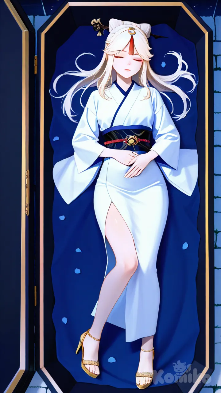 pink lips, hands on own stomach, wearing her white kimono , gold heels, full body, rainy, night, funeral lying in a straight position inside a coffin eyes closed hands clasping her stomach, Ningguang (Genshin Impact)