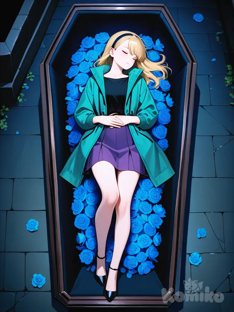 hands on own stomach, long straight blonde hair with a head band, wearing her green coat, black shirt, purple short skirt, black heels, full body, rainy, night, funeral lying in a straight position inside a coffin surrounded by flowers eyes closed hands clasping flower on her stomach, Gwen Stacy