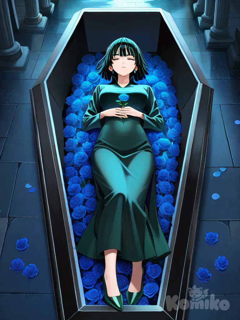 Fubuki_(One-Punch_Man)geen heels hands on own stomach, full body, rainy, night, funeral lying in a straight position inside a coffin surrounded by flowers eyes closed hands clasping flower on her stomach