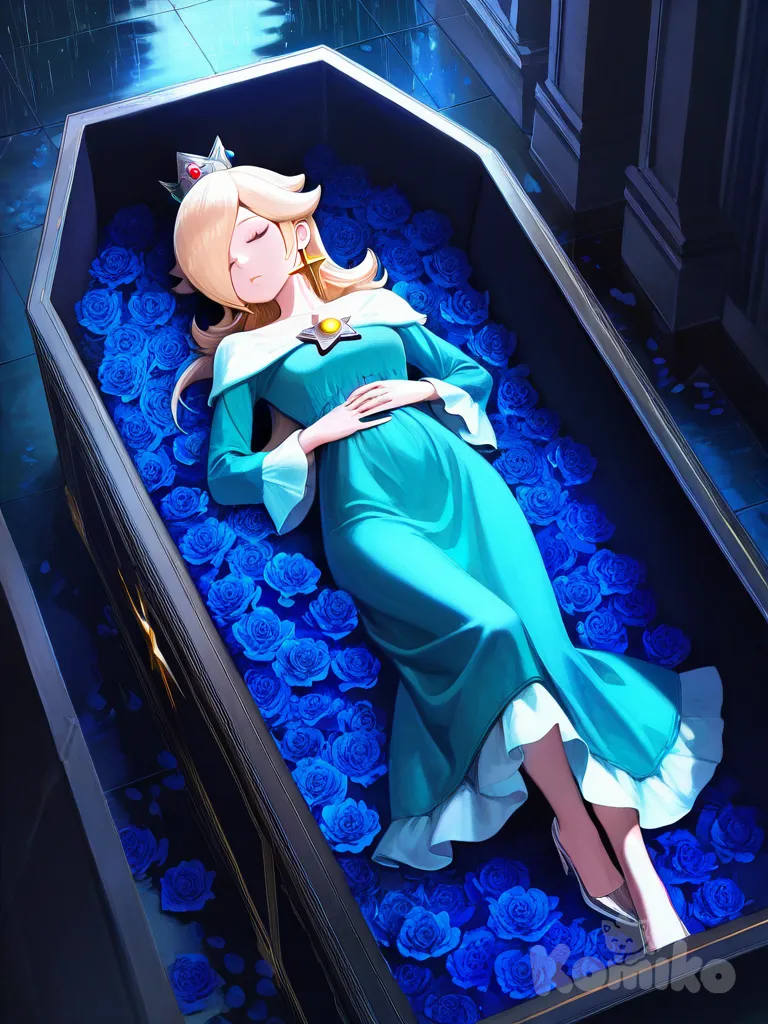 Rosalina , silver heels, hands on own stomach, full body, rainy, night, funeral lying in a straight position inside a coffin surrounded by flowers eyes closed hands clasping flower on her stomach