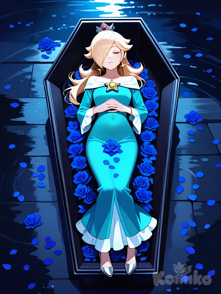 Rosalina , silver heels, hands on own stomach, full body, rainy, night, funeral lying in a straight position inside a coffin surrounded by flowers eyes closed hands clasping flower on her stomach