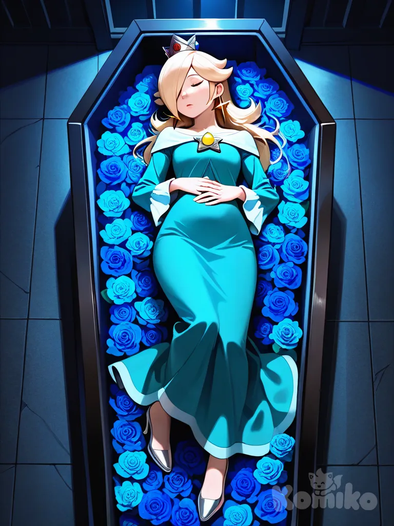 Rosalina , silver heels, hands on own stomach, full body, rainy, night, funeral lying in a straight position inside a coffin surrounded by flowers eyes closed hands clasping flower on her stomach