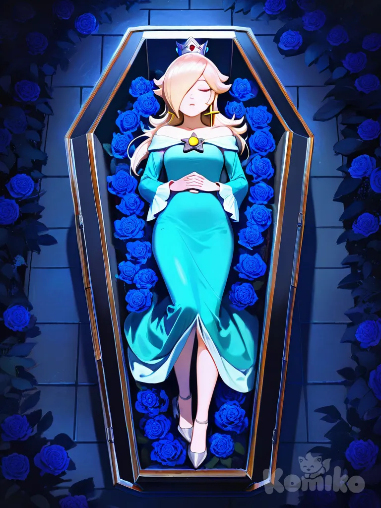 Rosalina , silver heels, hands on own stomach, full body, rainy, night, funeral lying in a straight position inside a coffin surrounded by flowers eyes closed hands clasping flower on her stomach
