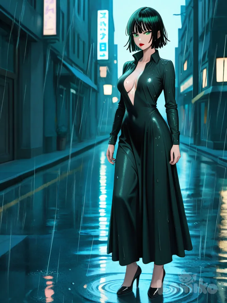 Fubuki_(One-Punch_Man) red lips, exposed breast, black heels , full body, rainy, night