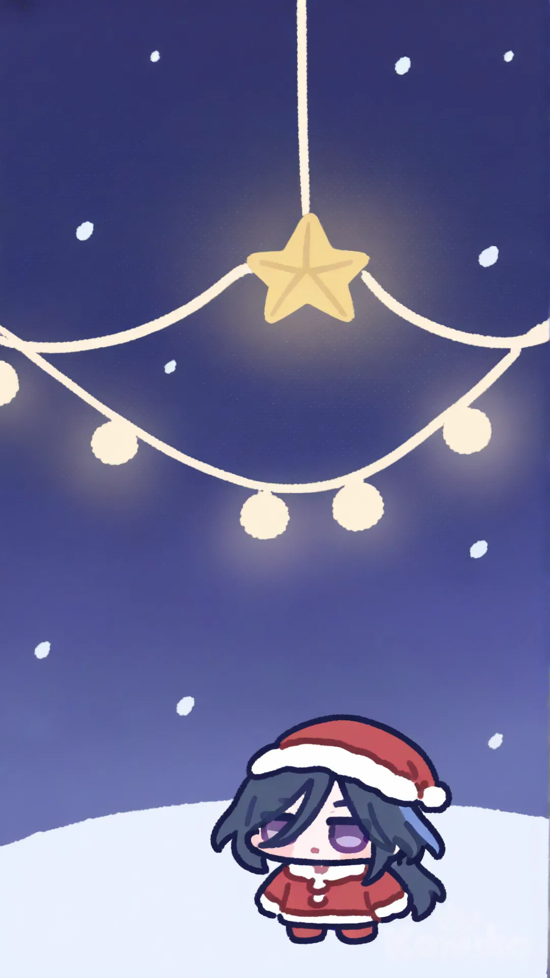 @Clorinde_(Genshin_Impact), santa hat, santa costume, christmas on background, [blocky-faced-chibi-style]
