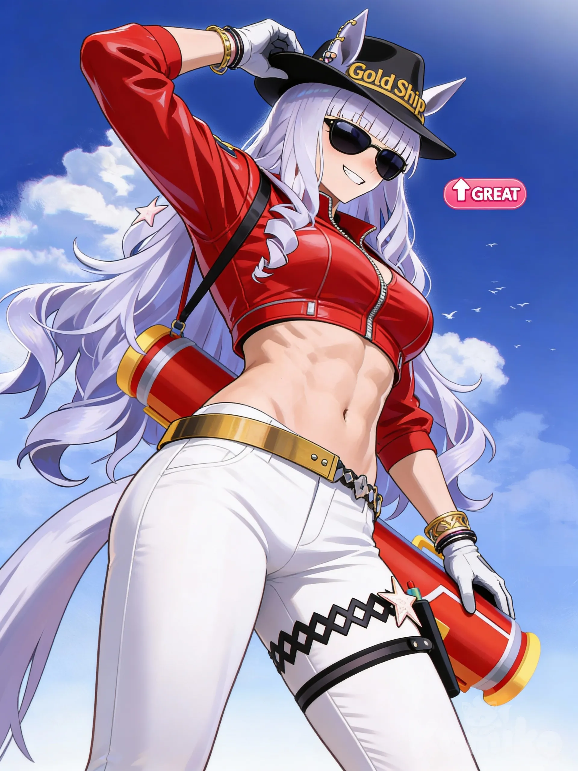 1girl, gold ship (umamusume), vestida como Michael Jackson con lentes negros de sol en verano, pero mostrando su cuerpo bien entrenado y sus largas piernas