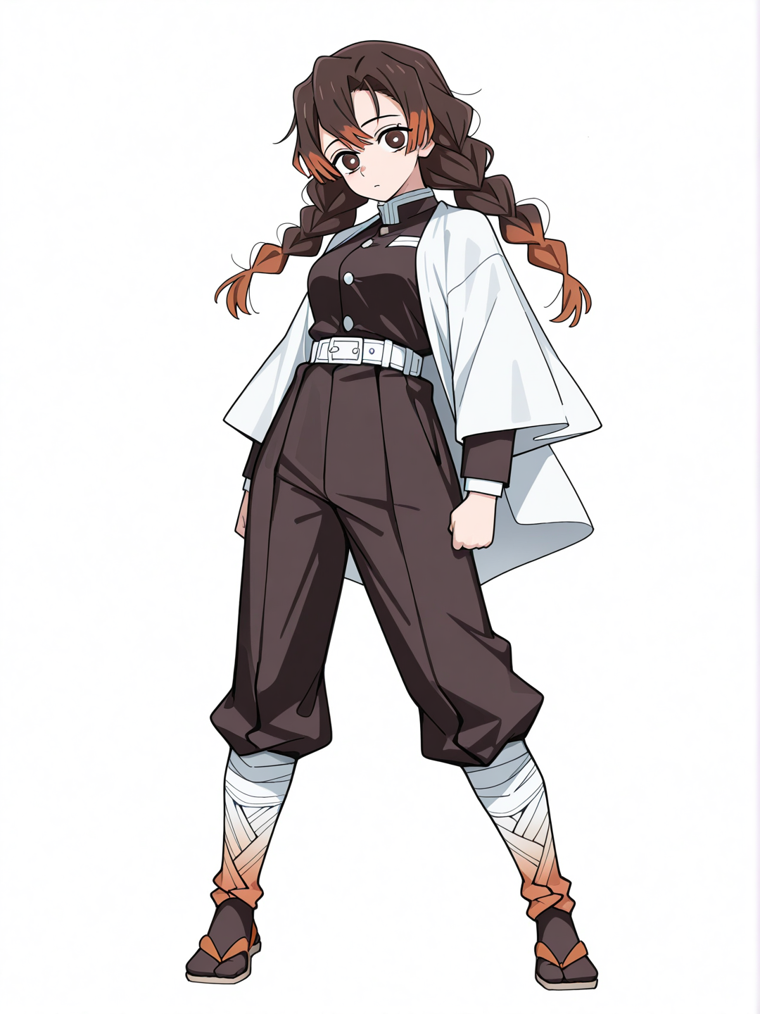 [toon-shaded-style] 1girl, mature, slim, brown_hair, long_hair, braids, brown_eyes, fair_skin, demon_slayer_uniform, pants, demon_slayer_style, single character, full body, looking at viewer, anime style, simple background, white background