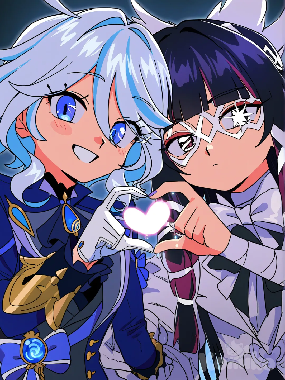 @Columbina_(Genshin_Impact), @Furina_(Genshin_Impact), [90s-shojo-style], heart hands, pointing at viewer, holding hands, smile, frown, portrait, upper body, looking at viewer, cinematic lighting, sparkle