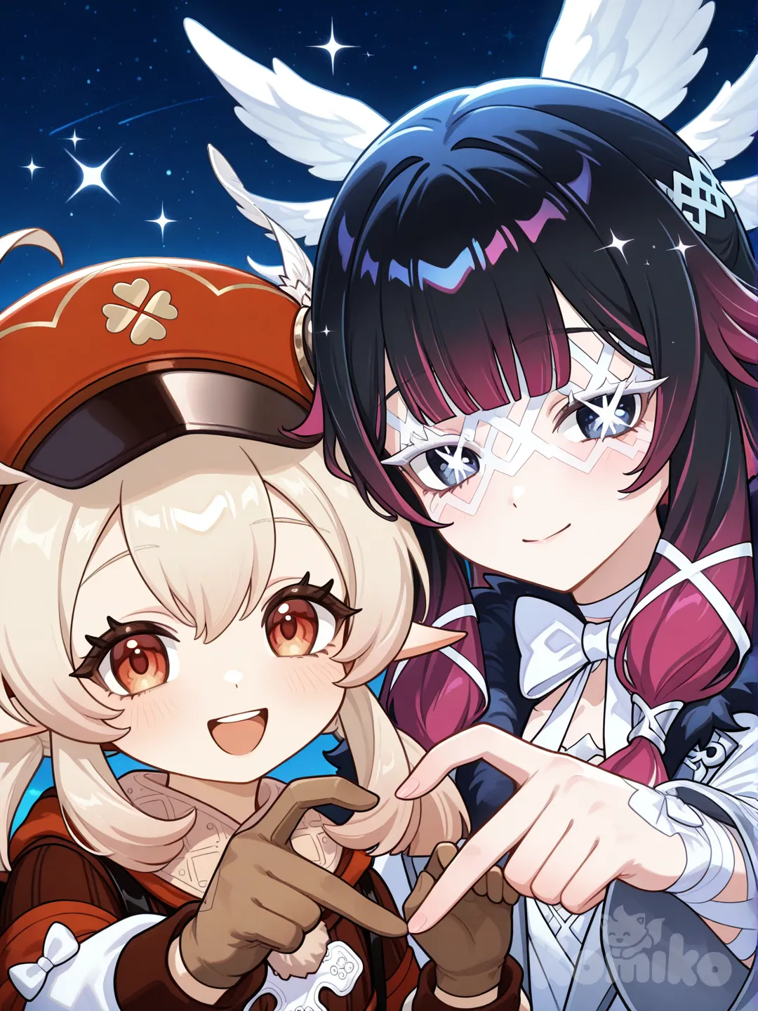 @Klee_(Genshin_Impact), @Columbina_(Genshin_Impact), [semi-realistic--style], heart hands, pointing at viewer, holding hands, smile, portrait, upper body, looking at viewer, cinematic lighting, night, sparkle