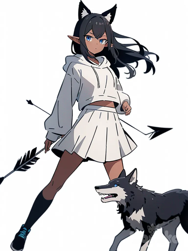 1girl, white hoodie, white skirt, bow and arrow, black wolf, elf-like ears, teenager, slim, black hair, blue eyes, tan skin, single character, full body, looking at viewer, anime style, simple background, white background