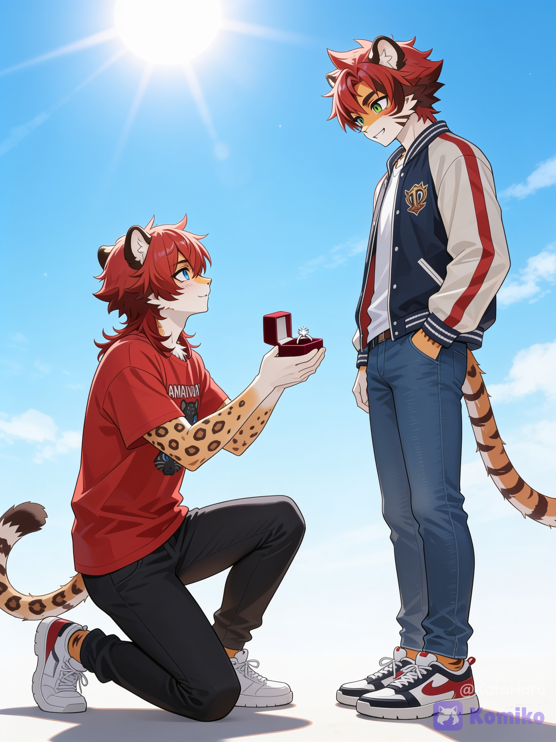 @jonny-baxter-VH8o stands and looks at @reo-nekomaru-DqNn he stands on one knee and confesses his love, he has a box with a ring, sunny day.