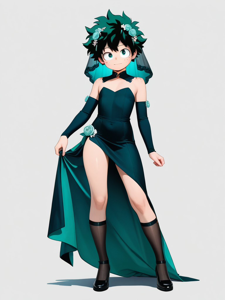 1girl, bakugou_katsuki and midoriya_izuku's child, my_hero_academia, original_character, teenager, curvy, slim, petite, green_hair, green_eyes, red_eyes, freckles, fair_skin, wedding_veil, little_black_dress, single character, full body, looking at viewer, anime style, simple background, white background