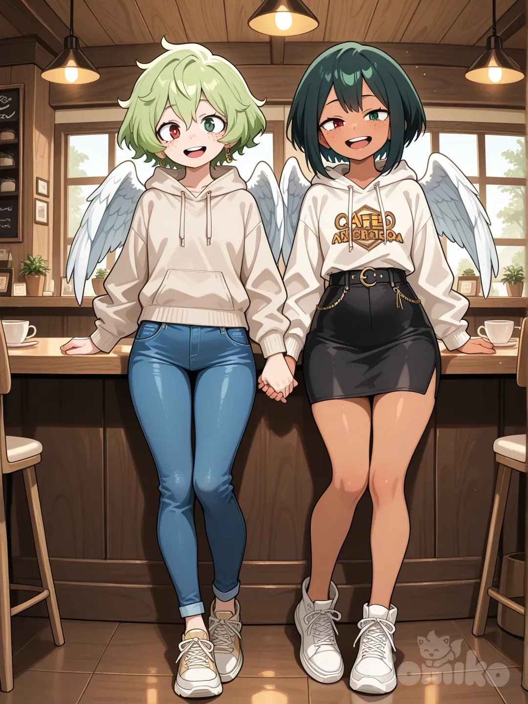 @rose-potter-9OMu, @izumi-AgqW, holding hands, gathering together, laughing, hoodie, pencil skirt, jeans, angle wings, jewelry, blonde hair, cafe