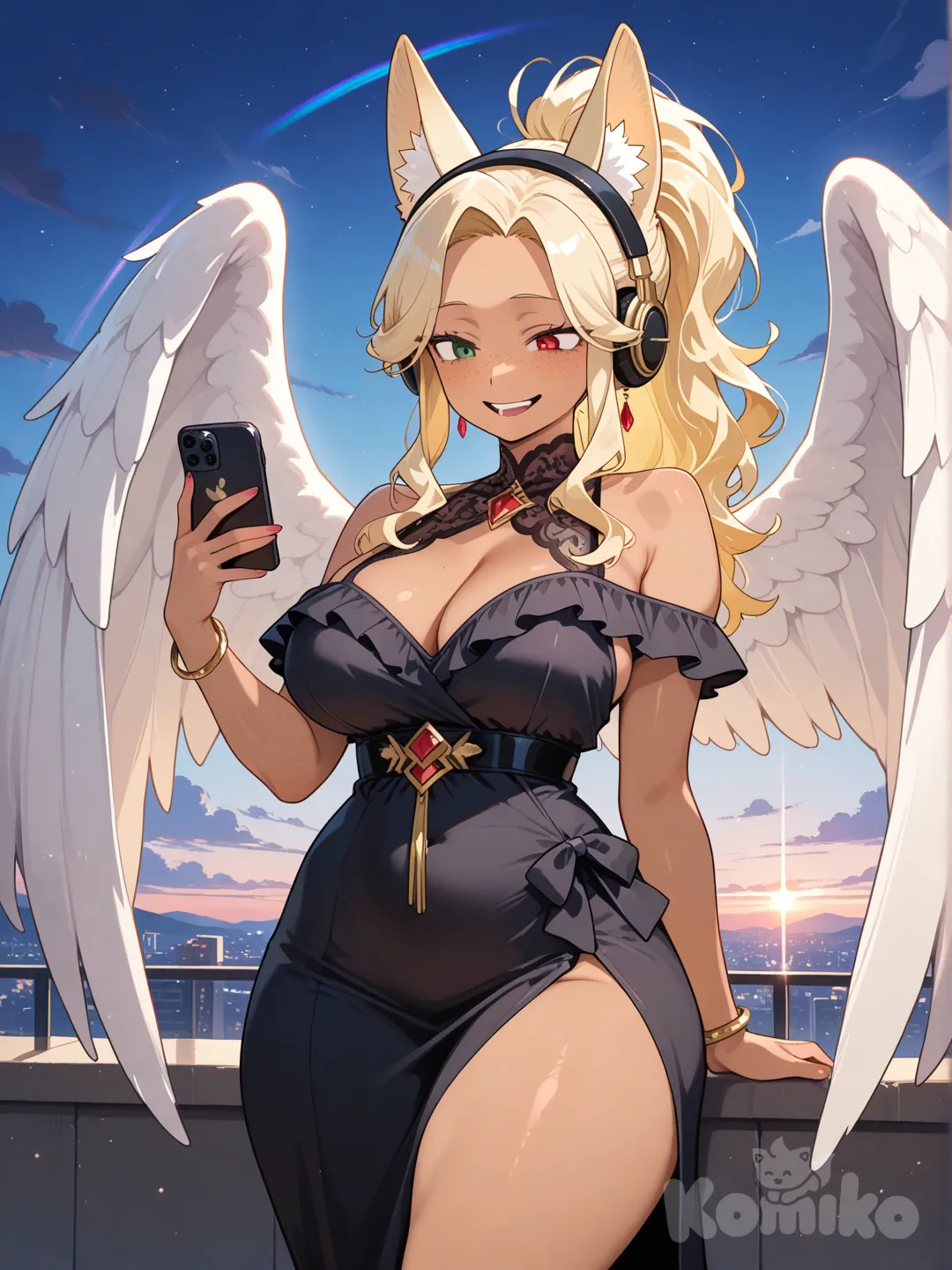 @yumi-kitsune-aM84, evil smile, laughing, looking at phone, little black dress, evening dress, ruffles, angle wings, headphones, fox ears, high ponytail, rainbow, wide shot, cowboy shot, twilight, night, blue sky