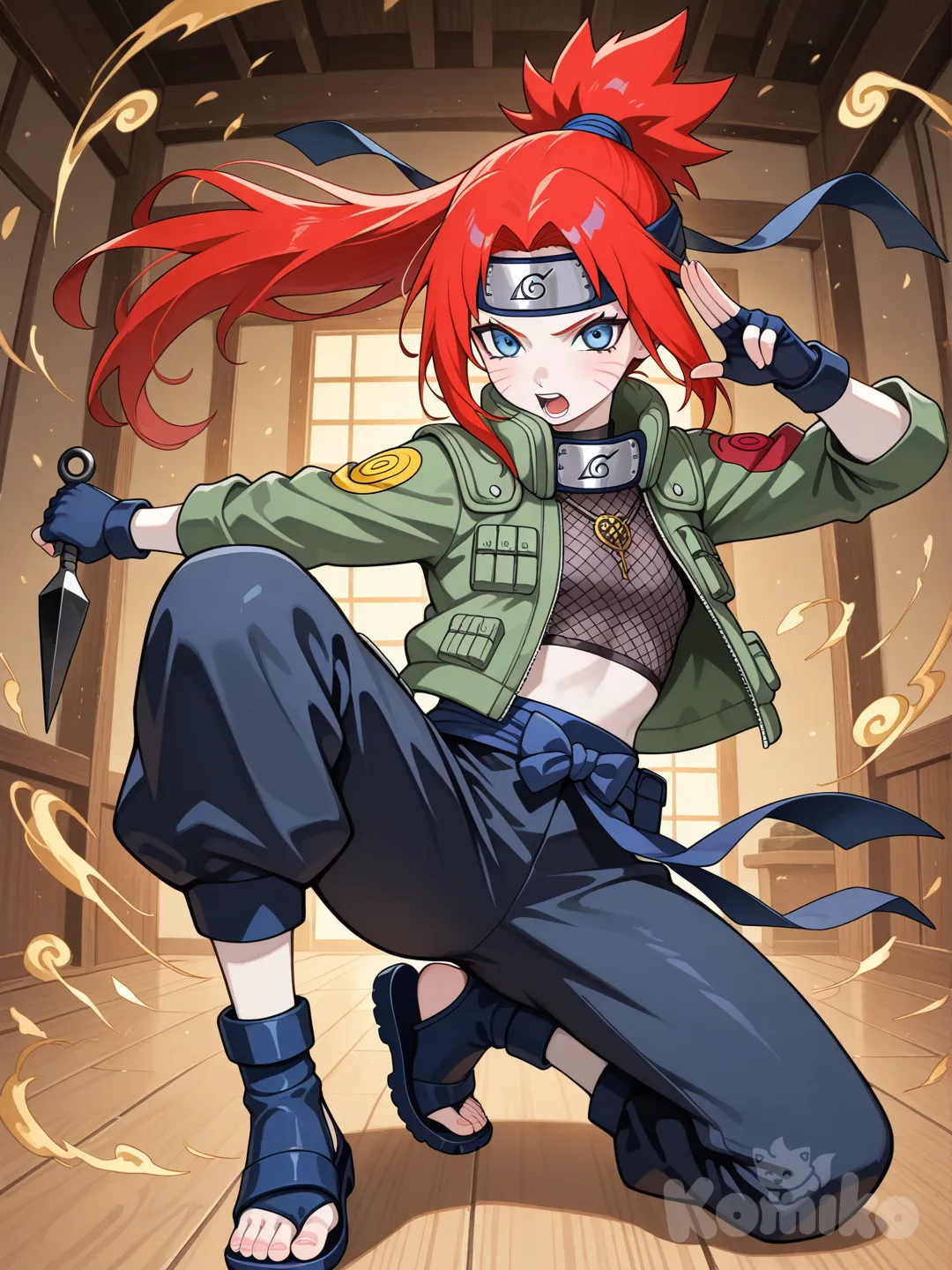 : Minha oc para o anime Naruto, Kira uzumaki 19 anos menina criança cabelo vermelho liso amarrado, olho azul , pele clara ela possui tipo bigodes nas bochechas, um em cada lado, é uma ninja jounin aldeia da Folha, tava usando um jutsu das correntes de chákra douradas sua boca Ela tá segurando a kunai do hiraishin , anime coloring