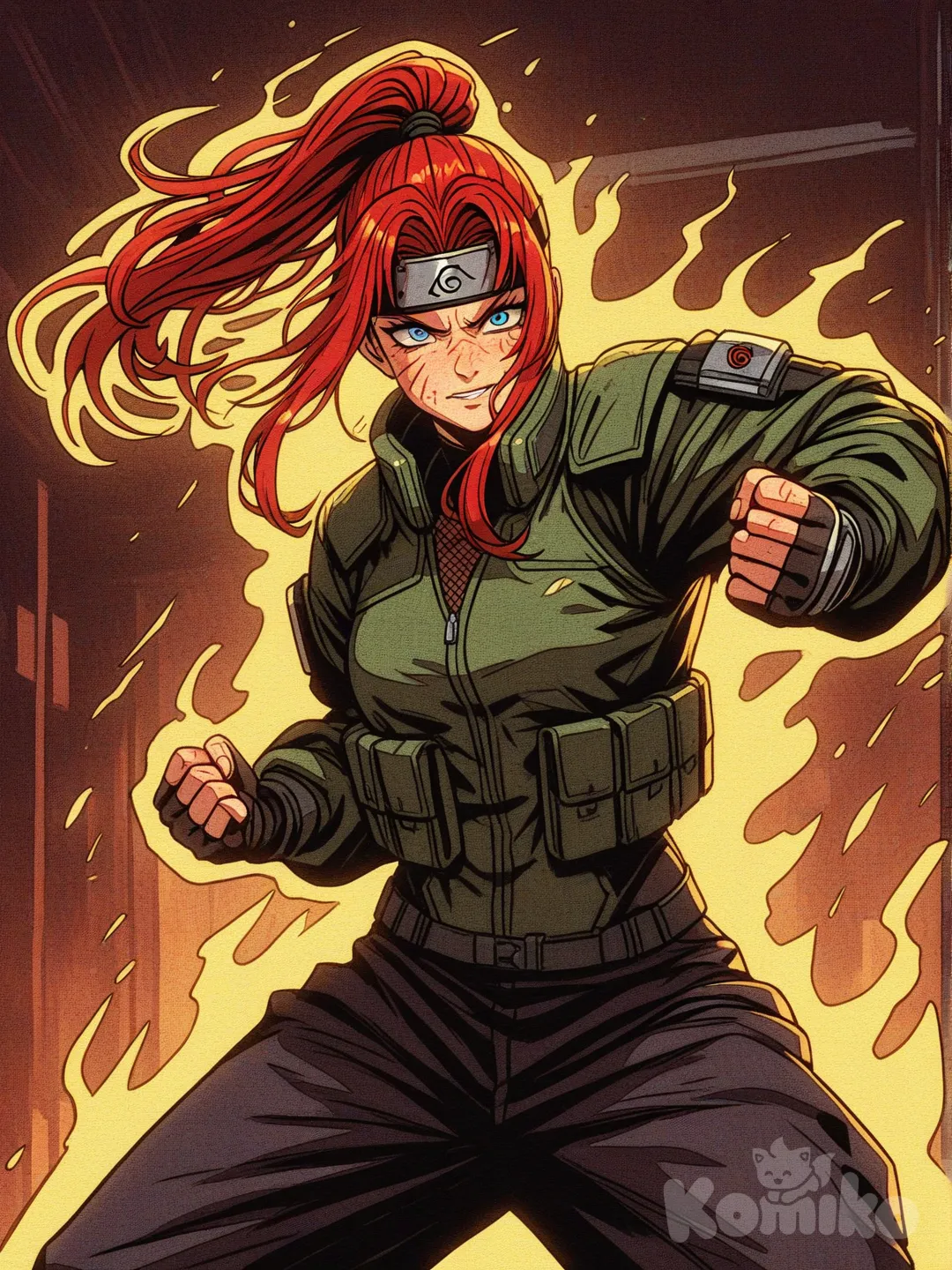 Minha oc Kira uzumaki 21 anos menina criança cabelo vermelho em rabo de cavalo, olho azul , pele clara , e duas riscas uma em cada lado do rosto, é uma ninja jounin aldeia da Folha, as dela tem usar imagem da Kurama raposa de nove caudas que está selada dentro dela, [action-manga-style]