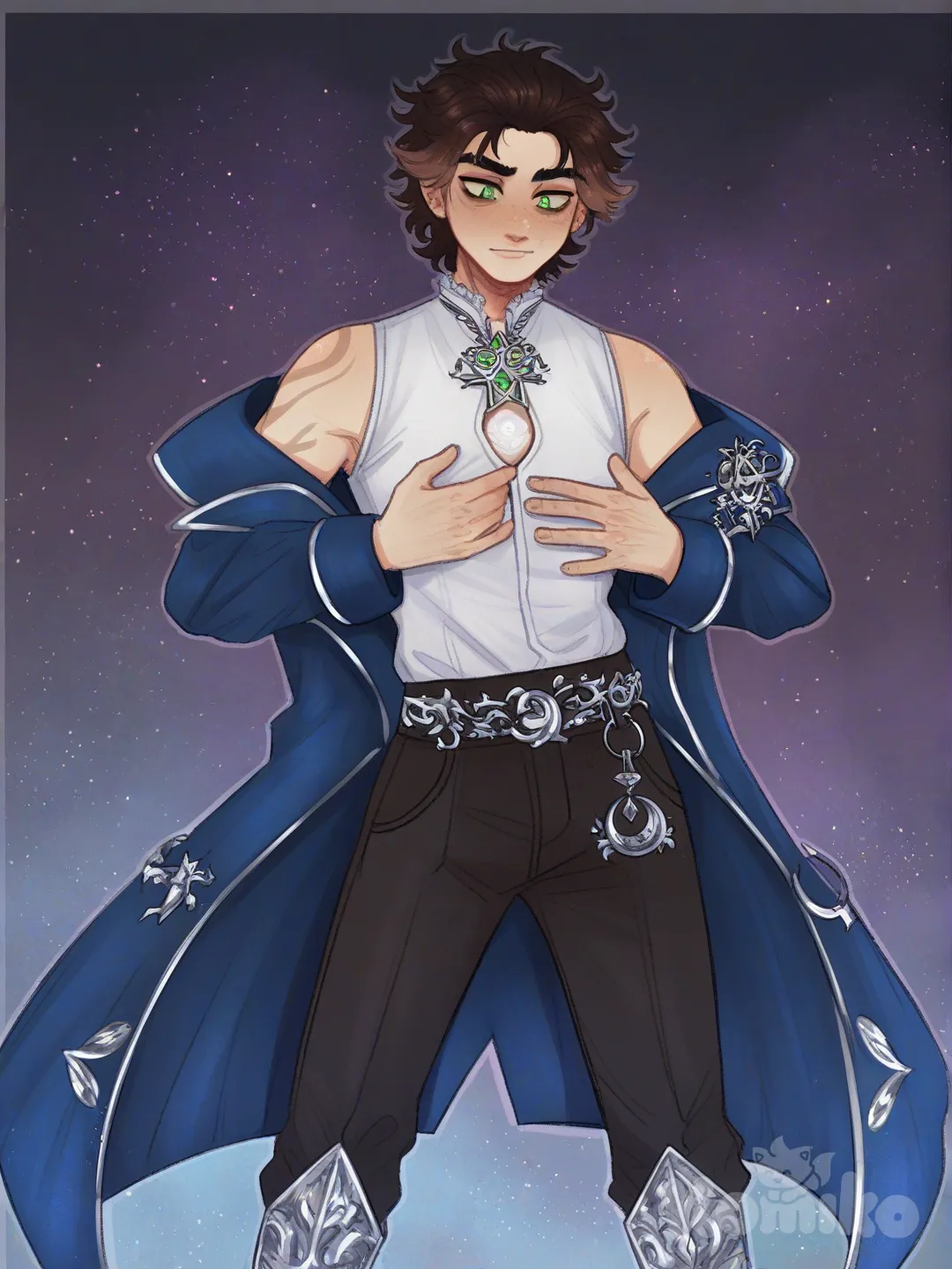 Silver light poured from Liam’s pale British skin as his chest glowed, his clothes reshaping into a long, tailored midnight-blue coat with sharp, angular shoulders and a high collar that shimmered with shifting constellations, the coat cinched at the waist with a silver-buckled belt and layered over a fitted, glowing white vest etched with faint celestial runes, sleek black pants tucked into knee-high boots pulsing with starlight, his messy brown hair half-up with a streak of molten silver that flickered like a comet, green eyes gleaming like fractured emeralds, and a crescent emblem blazing on his hand while thin threads of light traced across his arms and torso like living constellations, making him look like a cosmic sentinel walking straight from the night sky, [soft-shaded-moe-style], 1boy