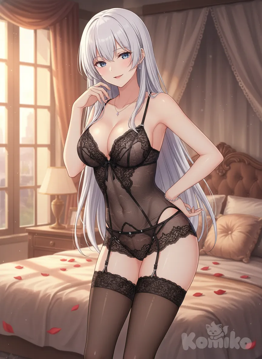 1girl, seductive pose, lingerie, sultry expression, bedroom setting, soft lighting, alluring gaze, ultra-, anime style