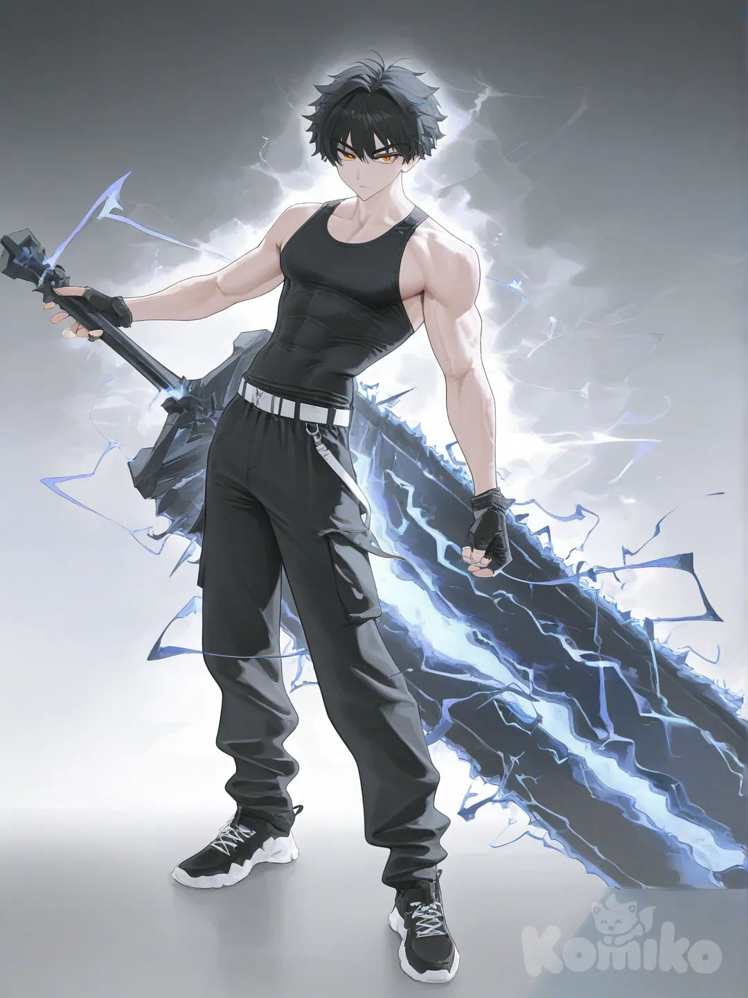 [vibrant-anime-style]19歲，黑髮短髮，身材精實，雙眼為琥珀色，穿著黑色的無袖上衣，黑色的長褲繫這白色皮帶，黑色的鞋子。擅長使用黑色雷電。持有著一把黑色大劍。