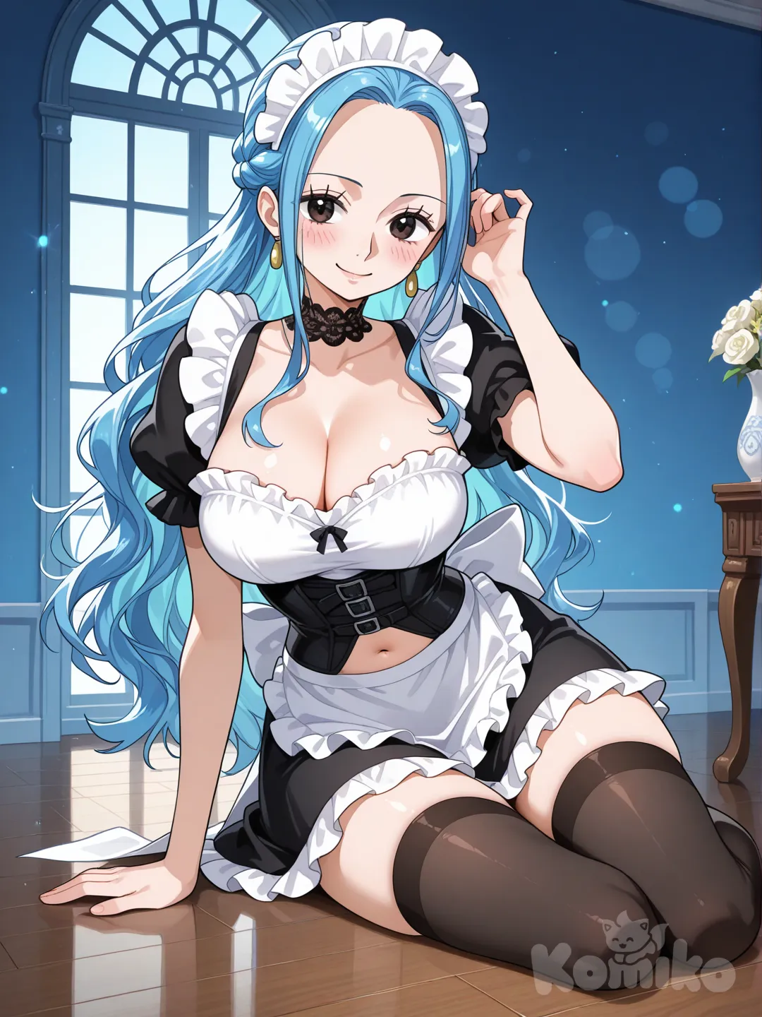 1girl, nefertari vivi, one piece, 

outfit:
classic maid outfit,
black and white short maid dress,
white frilled apron,
black thigh-high stockings,
small lace choker, headband with frills,
soft feminine curves, sexy but SFW,
elegant and cute maid aesthetic,

location:
luxury clean room interior,
large window with soft daylight,
polished floor, elegant furniture,
flowers, light sparkles, cozy warm mood,
calm romantic atmosphere, blue gradient background, 

style:
anime screencap, 

pose & mood:
smile, blush,
looking at viewer,
light flirty mood ,, lying, , paw pose, hair tucking