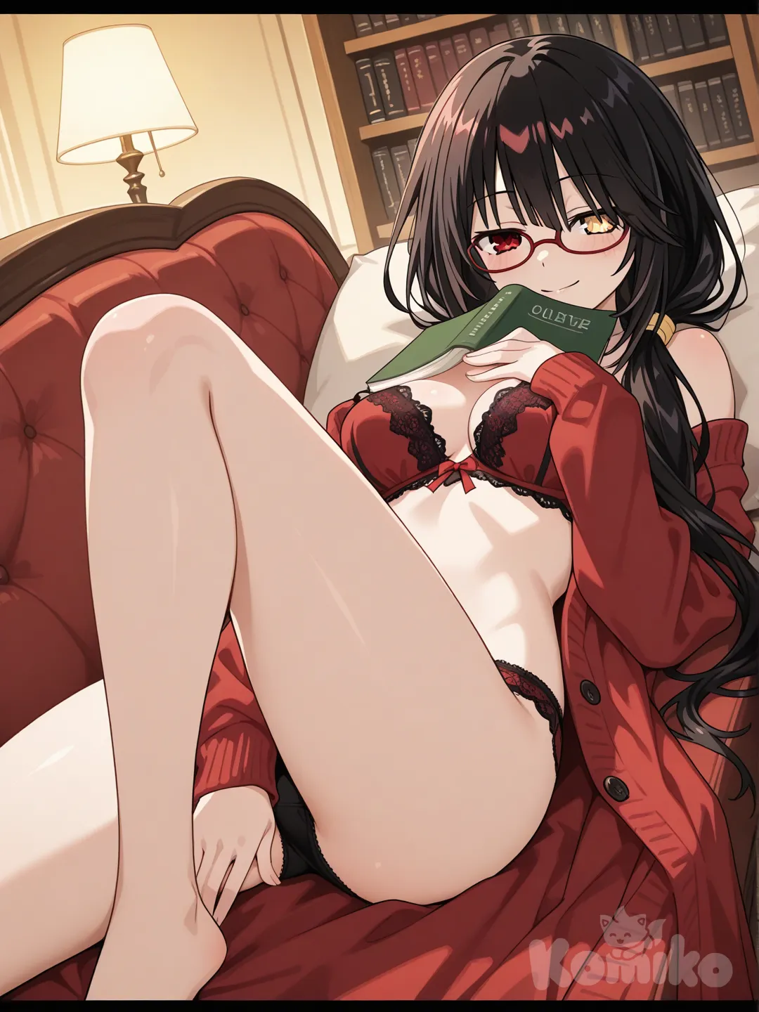 1girl, tokisaki kurumi, date a live, 

elegant lingerie base outfit,
deep red lace bra (covered mostly),
black panties with red lace trim,
silky burgundy robe + partially closed,
plus soft oversized cardigan on top (dark wine red), slipping slightly but covering chest more,
bare legs, barefoot,
natural hair, gentle feminine look, classy seductive but tasteful, no explicit content,

anime screencap style,

cozy private library / reading room,
tall bookshelves filled with books,
warm golden lighting, soft shadows,
comfortable couch with pillows, blanket nearby,
quiet intimate mood, warm calm atmosphere,

soft shading,
cinematic anime lighting,

letterboxed, floating dust motes in light,
bookmark ribbon, jewelry accessory with red accents, glasses red,

Lying, hand_between_legs, from below, looking at viewer, book