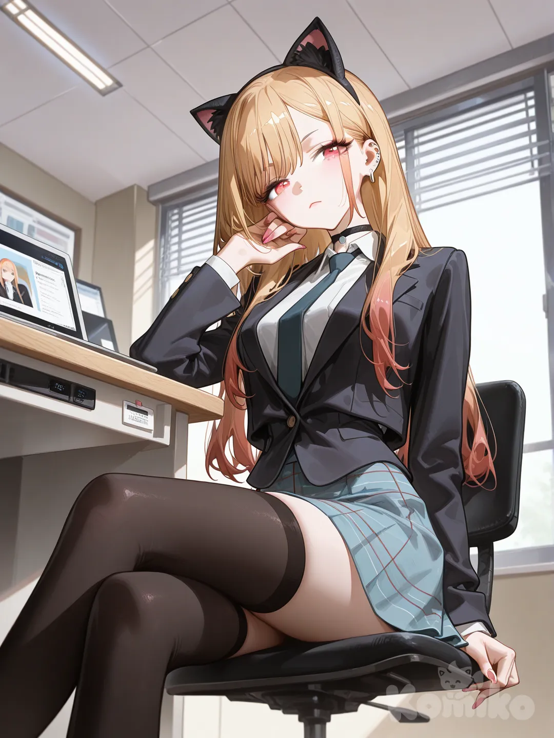 1girl, kitagawa marin, sono bisque doll wa koi wo suru,

outfit:
elegant black fitted suit jacket,
white dress shirt underneath,
black short skirt,
black thigh-high stockings,
small black cat ears headband,
subtle makeup, stylish and confident look,
sexy but SFW, refined seductive elegance,

location:
modern stylish office interior,
large window with soft daylight,
sleek desk, laptop,
minimalistic but premium decor,
calm serious atmosphere with subtle allure,

style:
anime screencap style,

pose & mood:
looking at viewer,
one hand adjusting jacket, sitting on computer chair , from below, [high-gloss-illustration-style]