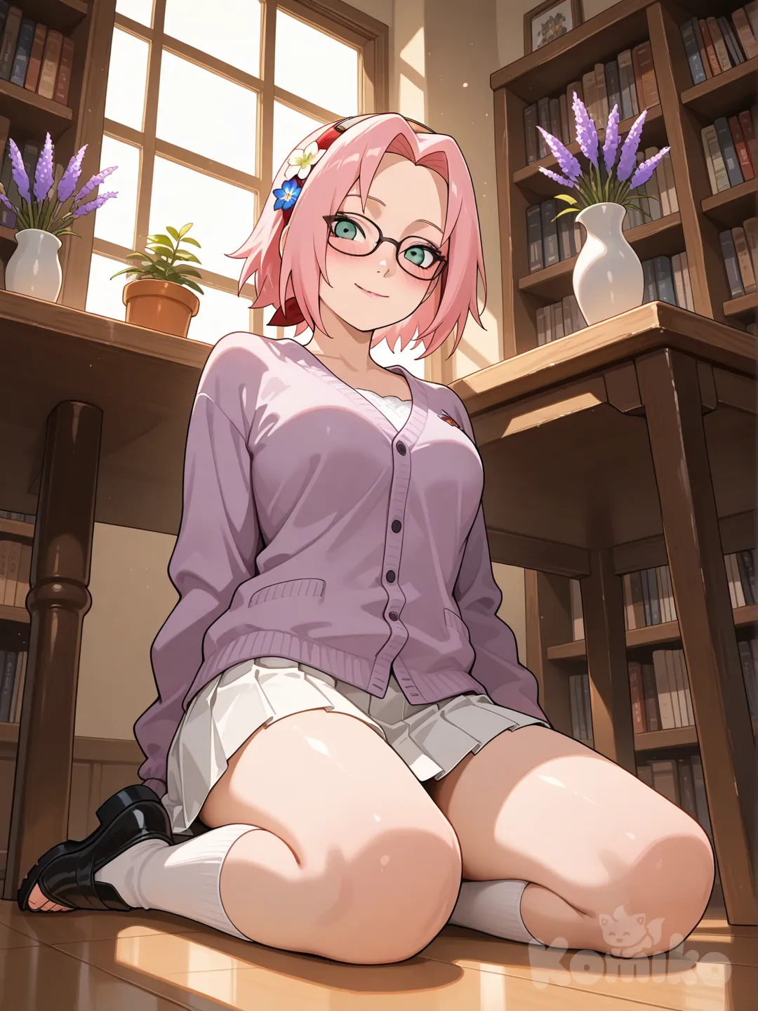 1girl, haruno sakura, naruto \(series\), 

outfit:
light lavender cardigan,
white pleated skirt,
knee-high pastel socks,
cute flat shoes,
small flower hairpin,
soft natural makeup, gentle cute look, SFW,

location:
small cozy bookstore with flowers,
bookshelves, potted plants, flowers on tables,
soft daylight through window,
calm peaceful atmosphere, warm and inviting mood,

anime screencap, 
Glasses, floor, 
pose & mood:
Lying, smile, blush, looking at viewer, from below, medium breasts, kneeling