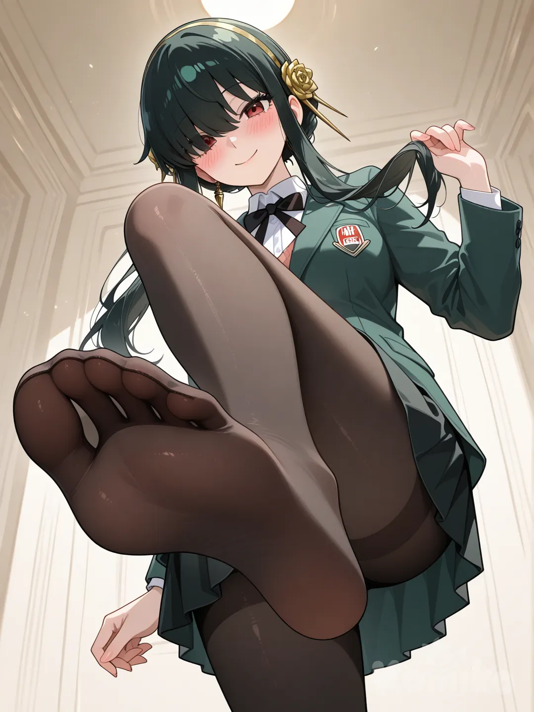 1girl, yor briar, spy x family, feet, hair over one eye, soles, black suit, tie, foot focus, solo, smile, toes, pantyhose, jacket, sstanding_on_one_leg, skirt, long sleeves, no shoes, blush, looking at viewer, shirt, blazer, twintails, ribbon, hair ornament, pleated skirt, white shirt, black legwear