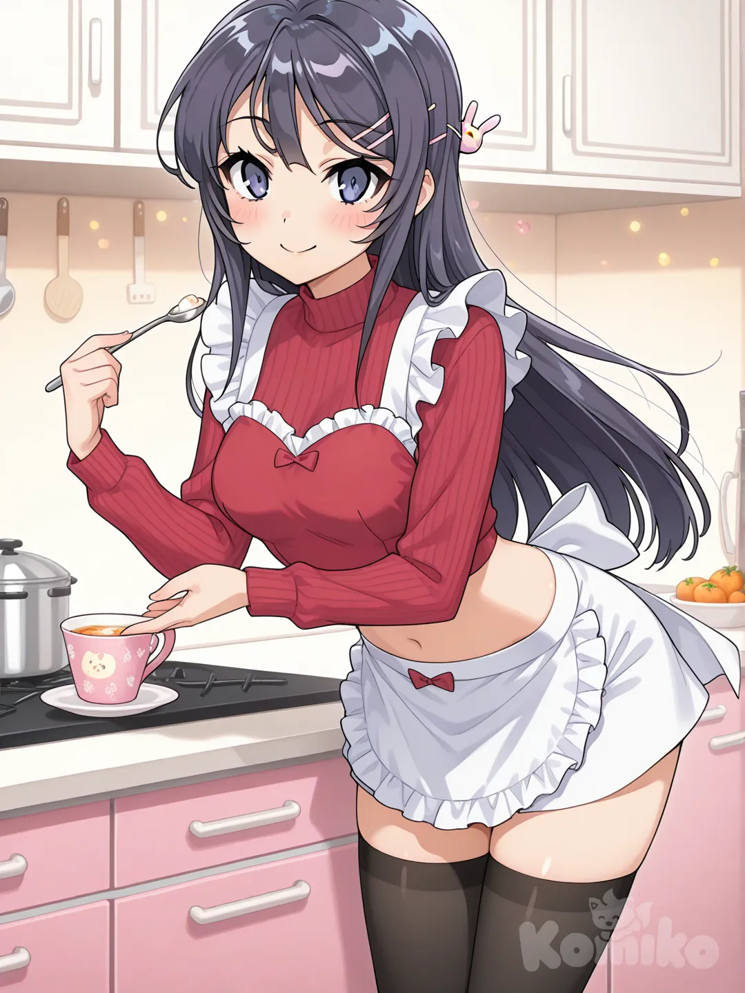 1girl, sakurajima mai, seishun buta yarou, 

outfit:
red fitted crop top, stylish and feminine,
short white skirt with red accents,
black thigh-high stockings,
cute apron tied with a bow at the back,
small accessories, soft makeup, playful but tasteful look,
sexy but SFW, no explicit content, panties, 

location:
bright modern kitchen interior,
white glossy cabinets, pastel decorations,
clean countertops, soft warm lighting,
cups, fruits, cute details, cozy yet slightly romantic mood,
comfortable home atmosphere, gentle warmth, orange gradient background, 

style:
anime screencap, 

pose & mood:
standing near kitchen counter,
slightly leaning forward playfully,
holding a cookbook or spoon,
soft smile, light blush,
flirty but gentle gaze looking at viewer,
subtle seductive charm, SFW only