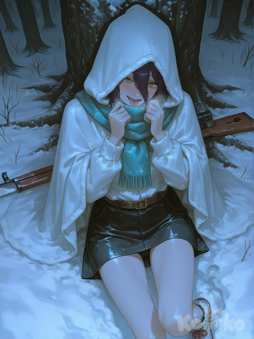 1girl, reze \(chainsaw man\), chainsaw man, 

white hooded cloak, long and flowing,
turquoise scarf covering face, 
brown leather belt around waist,
holding a Mosin rifle resting, shoes, 
snow dust on clothing, winter military aesthetic, black skirt short, white shirt, 

anime screencap style,

misty snowy forest, tall thin trees,
snow-covered ground and branches,
foggy atmosphere, cold blue-gray lighting,
overhead angle, aerial forest view feeling,

pose & mood:,
looking at viewer, smile, blush, lying, black panties, tongue out, open mouth, foot_focus
1girl, reze \(chainsaw man\), chainsaw man, white hooded cloak, long and flowing, turquoise scarf covering face, brown leather belt around waist, holding a Mosin rifle resting, shoes, snow dust on clothing, winter military aesthetic, black skirt short, white shirt, anime screencap style, misty snowy forest, tall thin trees, snow-covered ground and branches, foggy atmosphere, cold blue-gray lighting, overhead angle, aerial forest view feeling, pose & mood:, looking at viewer, smile, blush, sitting , black panties, tongue out, open mouth, foot_focus, cowboy shot, [sensual-glossy-style]