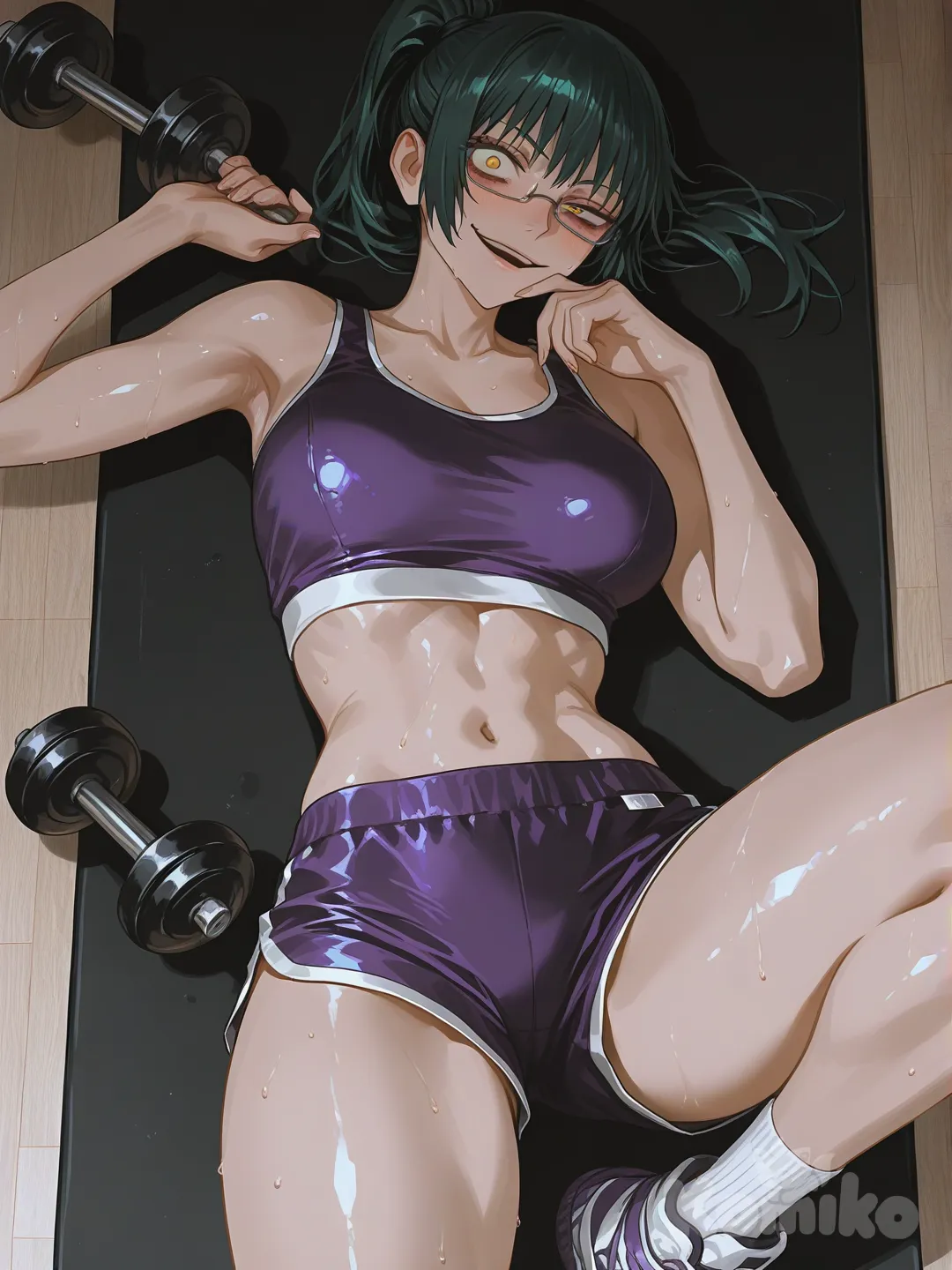 1girl, zen'in maki, jujutsu kaisen, gesugao, uneven eyes,crazy expression,

sporty gym outfit,
tight cropped tank top,
short athletic shorts, upper-thigh length,
colors: purple, red accents, white trim,
sports bra underneath,
bare legs, knee-high socks,
training sneakers, hair in high ponytail,

anime screencap style,

modern gym interior,
mirrors, dumbbells, yoga mats,
bright lighting, clean energetic atmosphere,
Orange gradient background, 
 Glasses, 
pose & mood:

Lying, 
confident smile, soft blush,
looking at viewer,
playful, teasing, sporty vibe, from above, cowboy shot, legs up, [sensual-glossy-style]