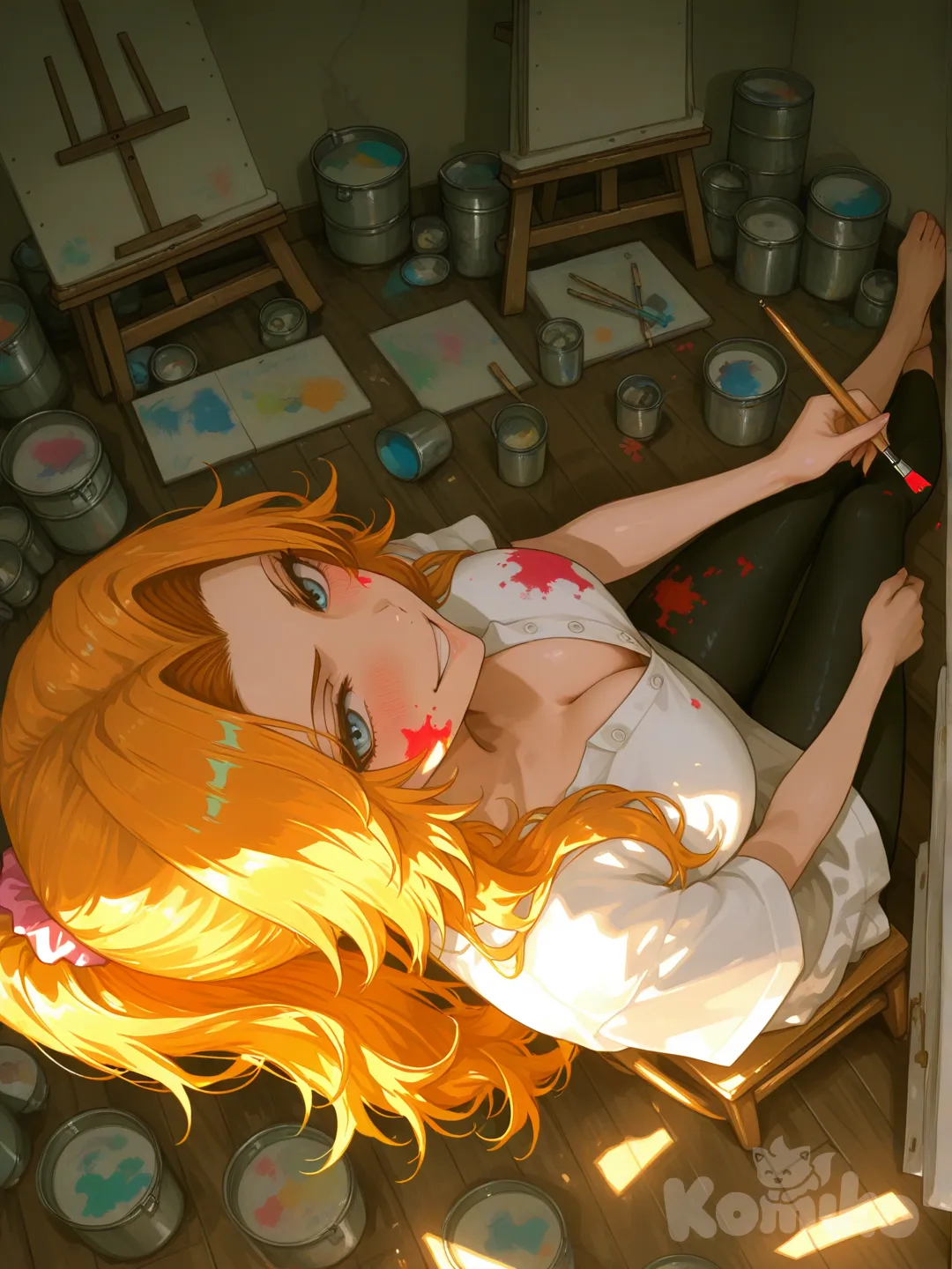 1girl, matsumoto rangiku, bleach, 

careless artist outfit,
oversize paint-stained shirt unbuttoned, skirt, 
colors: white shirt with red paint splatters, black leggings,
bare feet or messy socks, hair in loose messy ponytail,

anime screencap style,

artist studio interior,
easel with canvas, scattered brushes paints, dim warm lamp light,
cluttered creative atmosphere,

pose & mood:
holding brush in one hand, other hand smudging paint on cheek,
playful grin, soft blush,
looking at viewer,
teasing, carefree artist vibe, from above, [sensual-glossy-style]