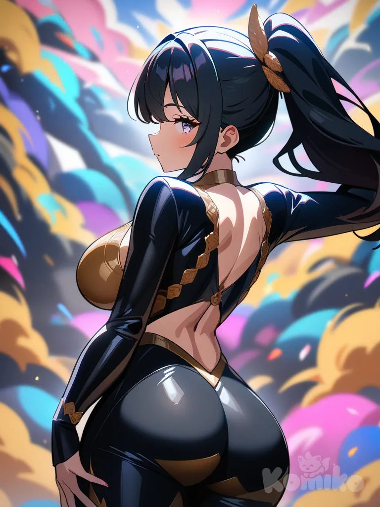 1girl, curvy figure, suggestive outfit, glancing back, anime_style, sultry eyes, colorful background, ultra-