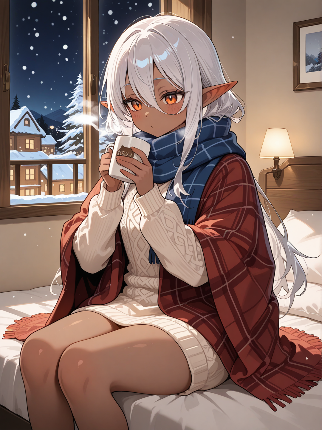 Dark elf, dark skin, orange eyes, silver hair. Drinking coffee in a cozy setting and clothing, at night time with snow outside of a window behind her