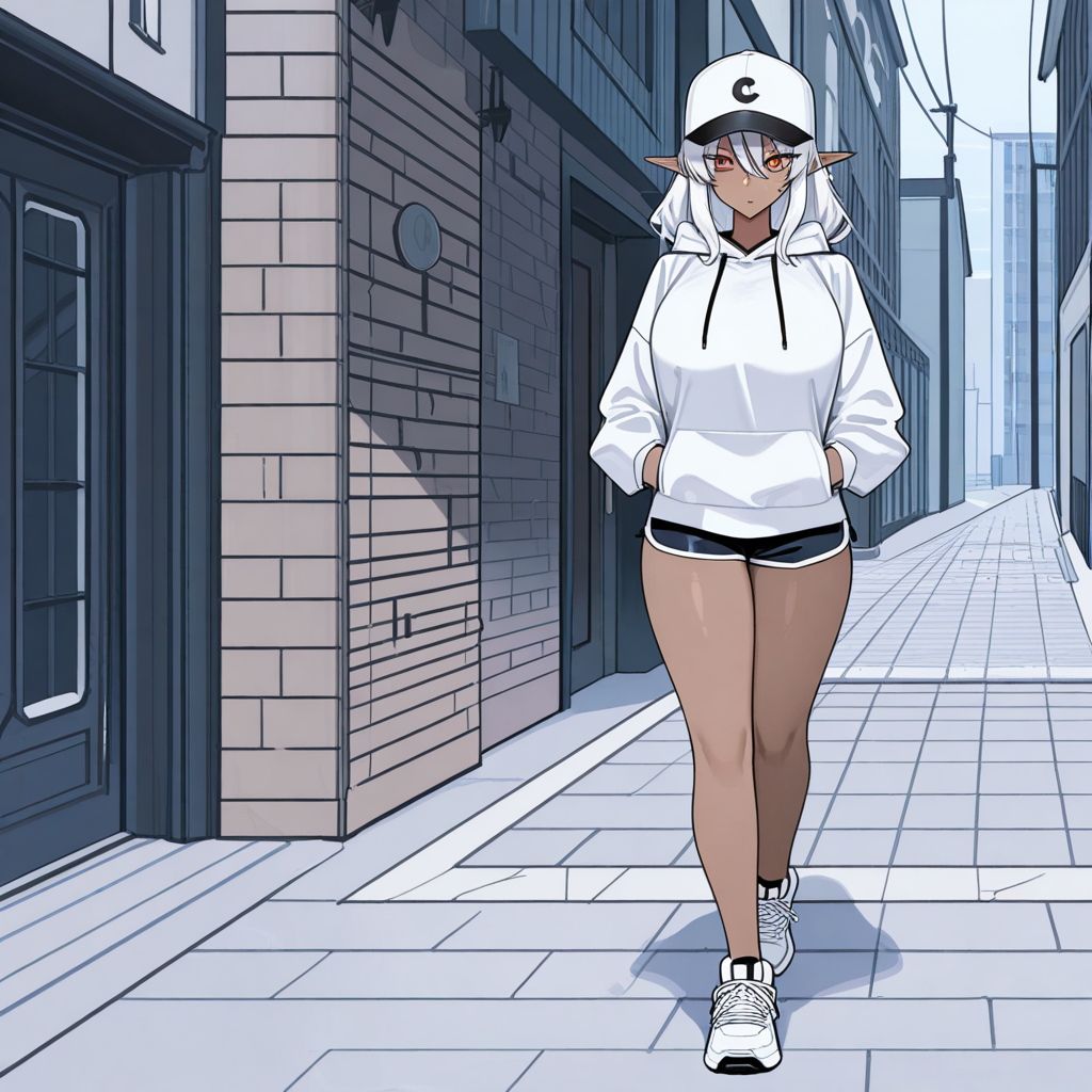 Mature dark elf, walking down the a sidewalk in a hoodie, short shorts, shoes, orange eyes, white hair, baseball cap, hands in hoodie pocket, [toon-shaded-style]