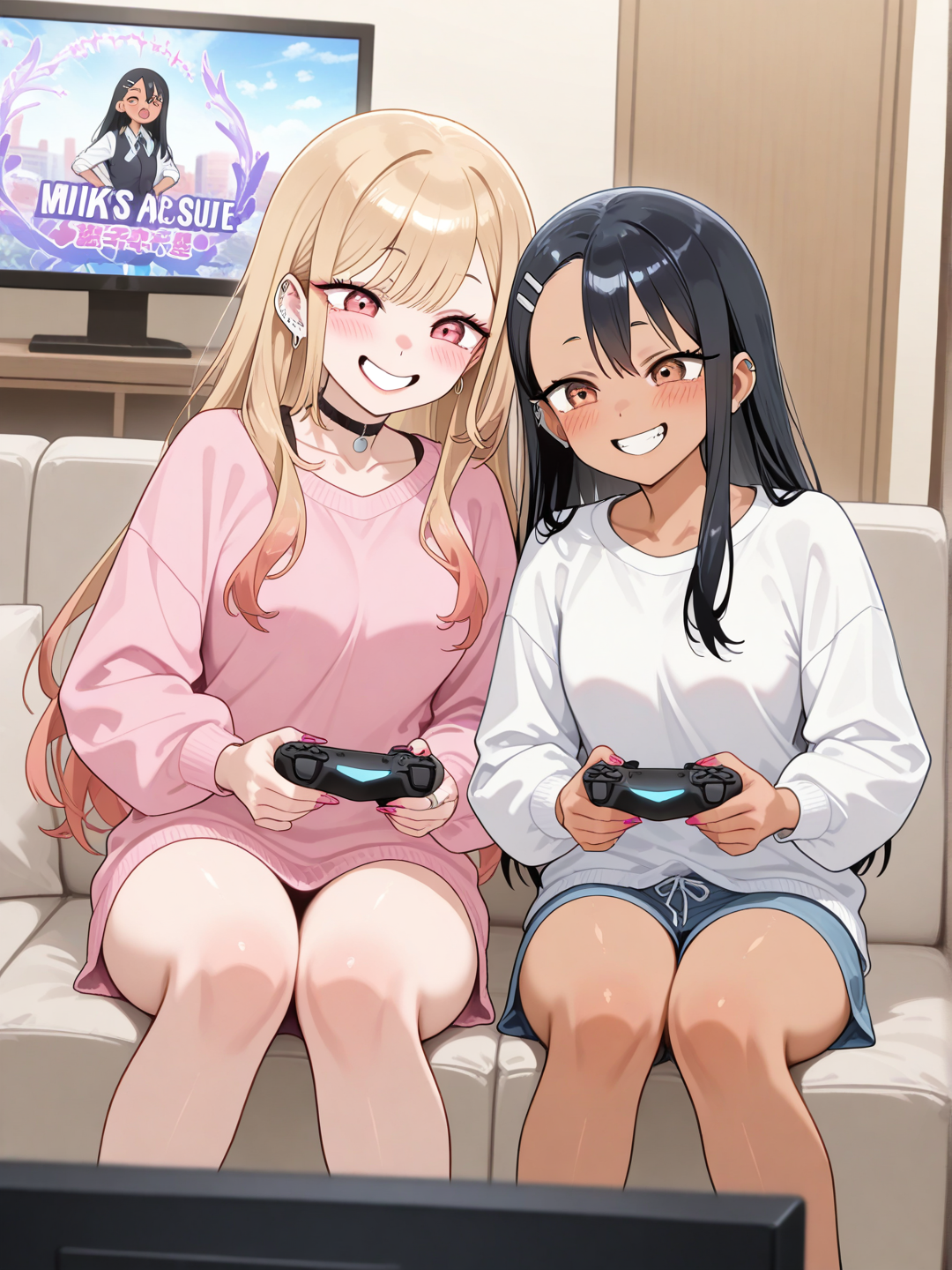 Tan kitagawa marin, nagatoro hayase, side by side playing video games together, excited