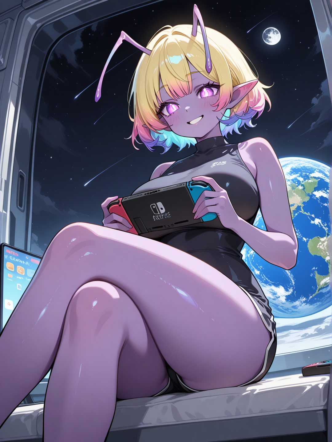 Alien girl on the moon playing hand-held gaming console